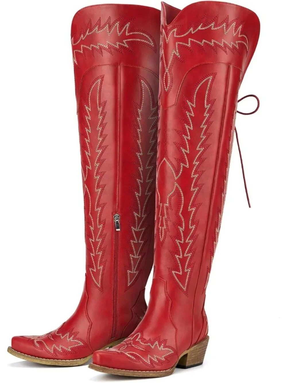 Women Red Embroidered Side Zipper Block Heel Wide Calf Over-the-Knee Cowboy Boot